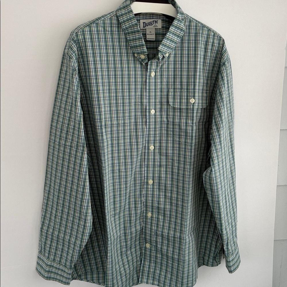 Duluth Trading Co Green Plaid Button Down Coolmax Shirt XL Relaxed Fit